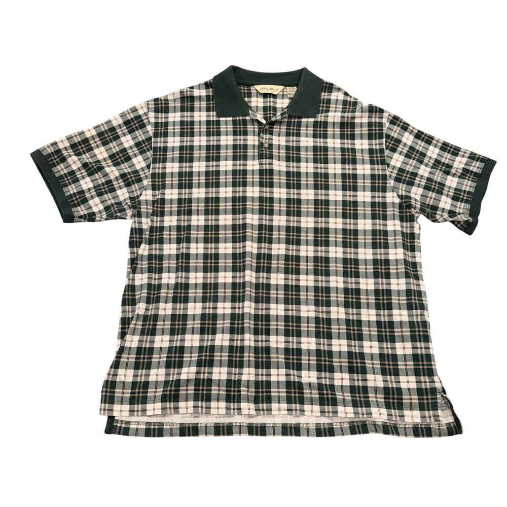 Eddie Bauer Mens XL Polo Shirt Green Cream Plaid Short Sleeve Cotton